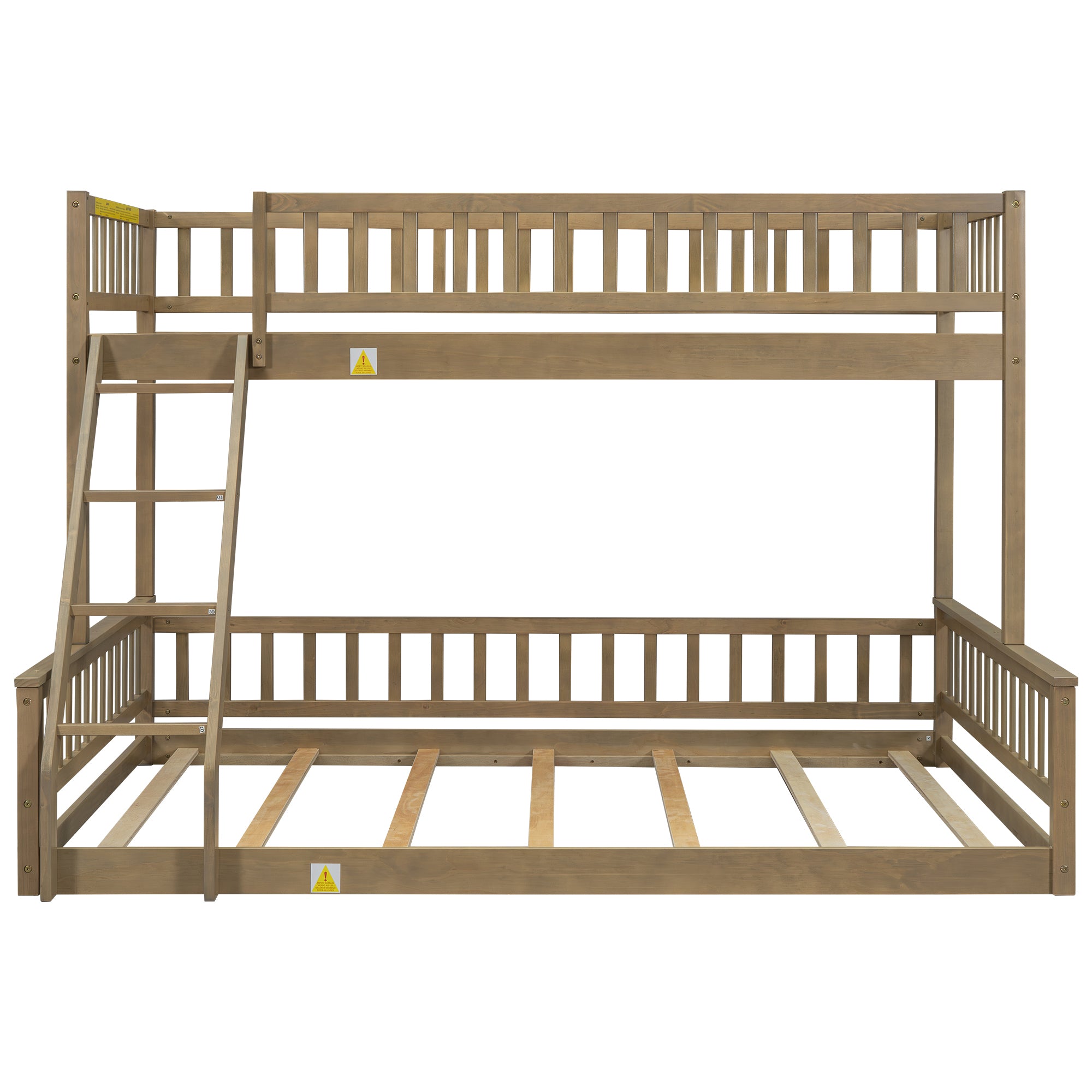 Walnut Twin XL over Queen Bunk Bed with Ladder and Guardrails, Solid Pine Wood+MDF, 84.7''L x 63.7''W x 58.3''H