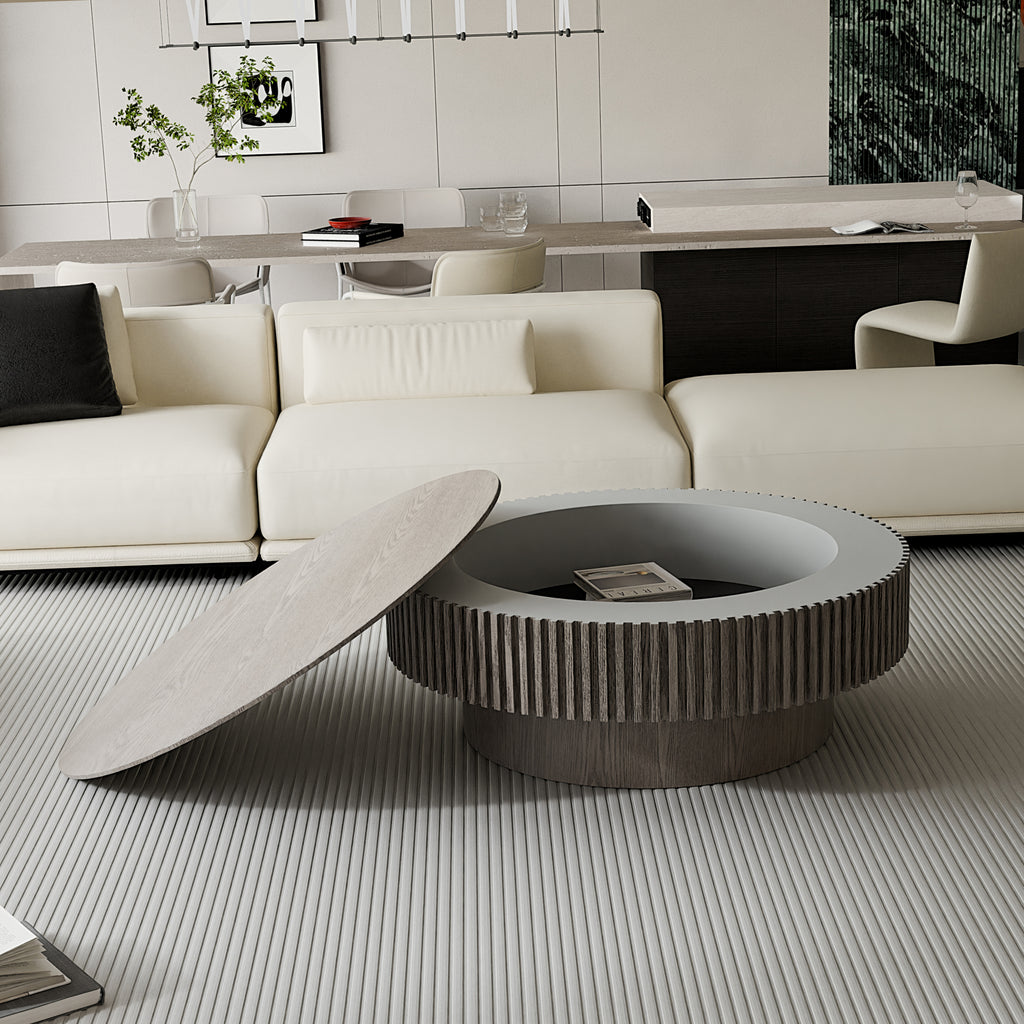 39.37'' Round Coffee Table with Storage Solid Wood Veneered Modern Coffee Table Accent Tea Table for Living Room, Bedroom, Apartment or Office, Grey