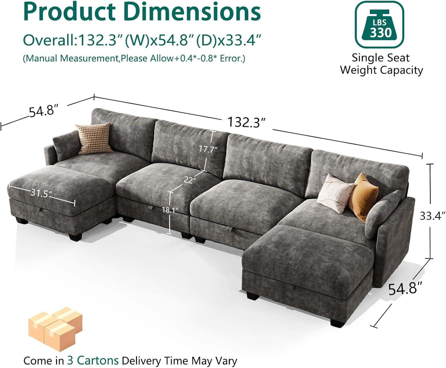 Darkest Gray Chenille U Shaped Sectional Sofa Ottoman-1