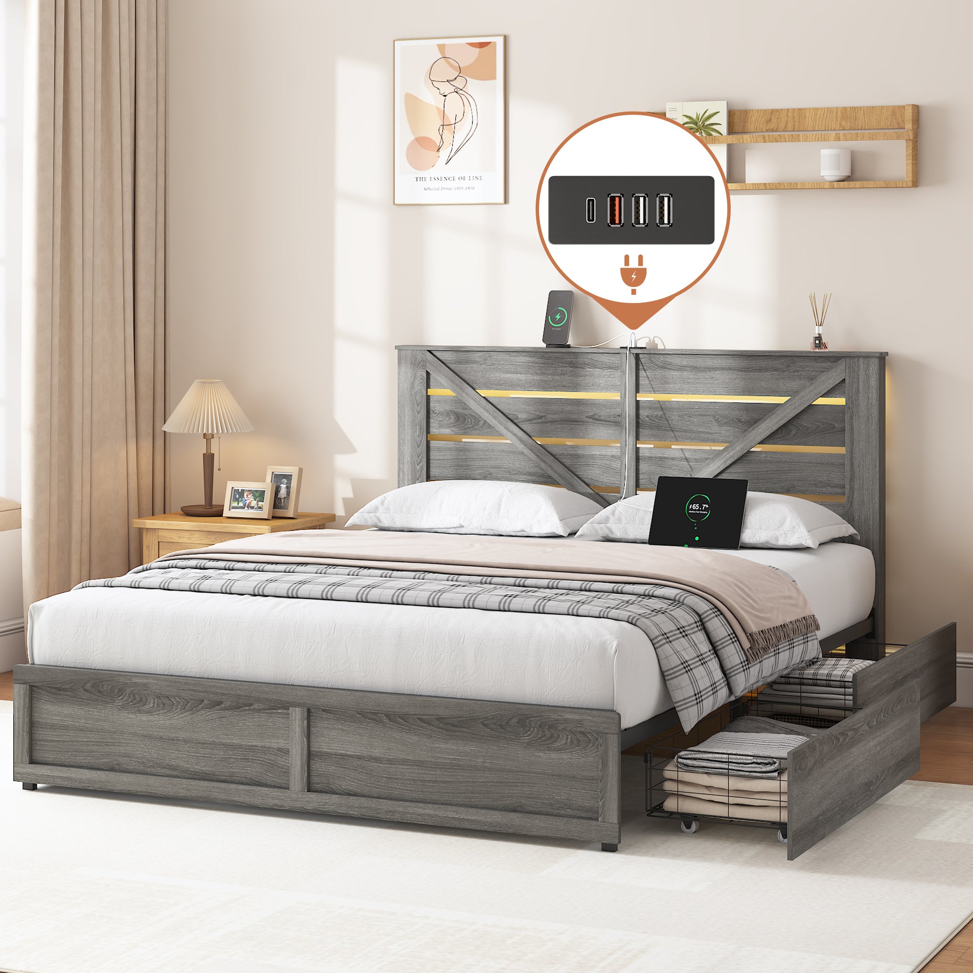 Full-size Storage Bed Frame with Storage Headboard (4 Storage Drawers on Bed Body + LED Lighting) – Anti-slip & Noise-free Metal Mattress Support Platform + Sturdy Metal Slat Base, Grey