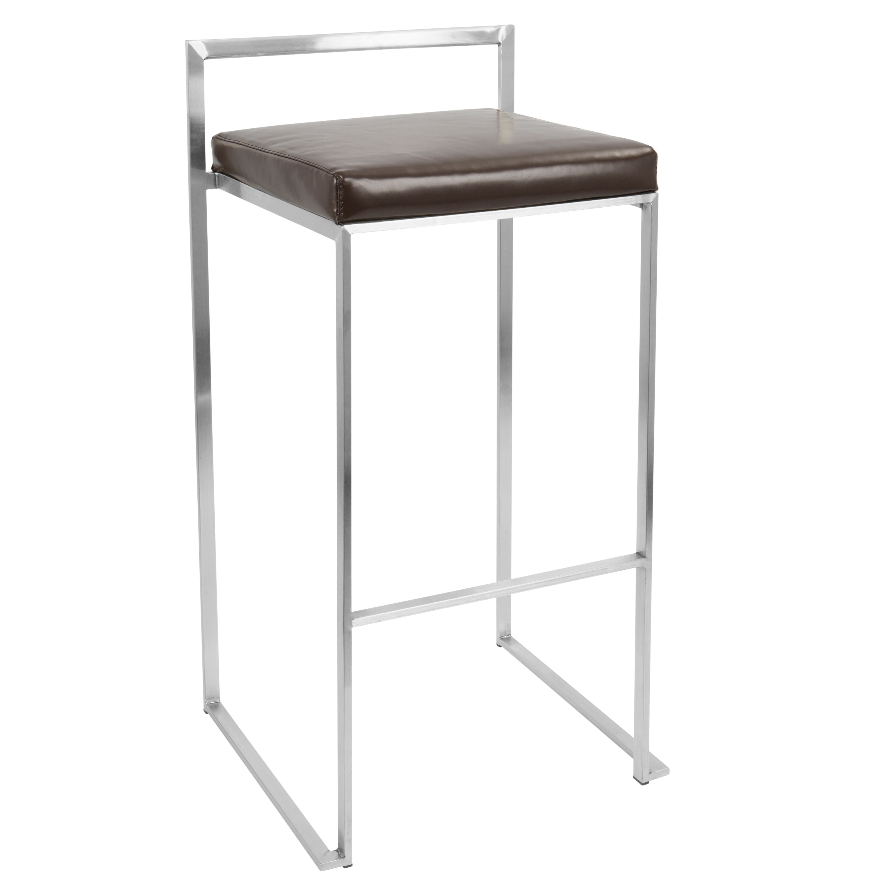 Contemporary Stackable Barstool with Brown Faux Leather  - Set of 2