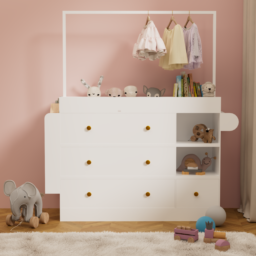 Modern  Table Dresser,Baby Dressing Table with 3 extra deep Drawers and Storage Shelves and Hangers, Multi-Functional Baby Changing Table with Drying Rack for Nursery, White
