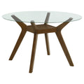 Flynn Brown Round Glass Top Wood Dining Table: Modern Contemporary Dining Table with Tempered Glass Top and Warm Brown Wood Finish