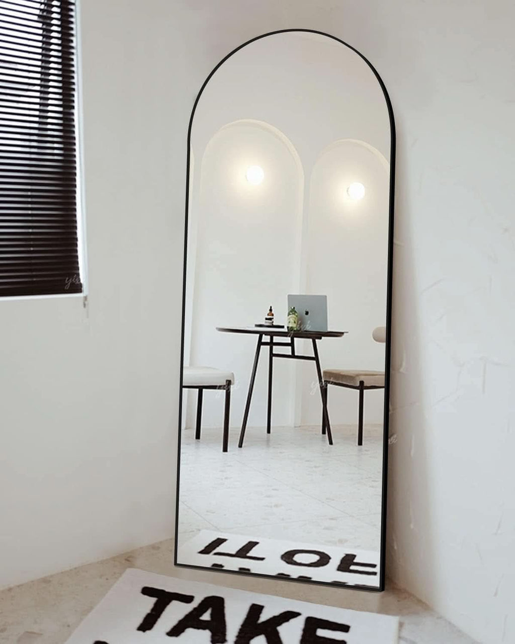 Black Full Length Floor Mirror With Stand Arched Top-1