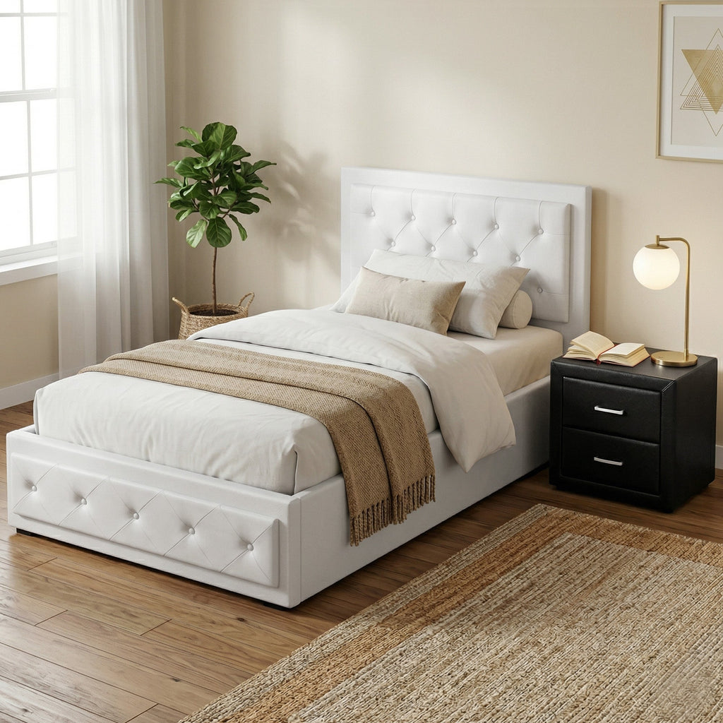 Artiss King Single Bed Frame Storage White Leather Gas Lift Bed Black Bedside Table Set-0