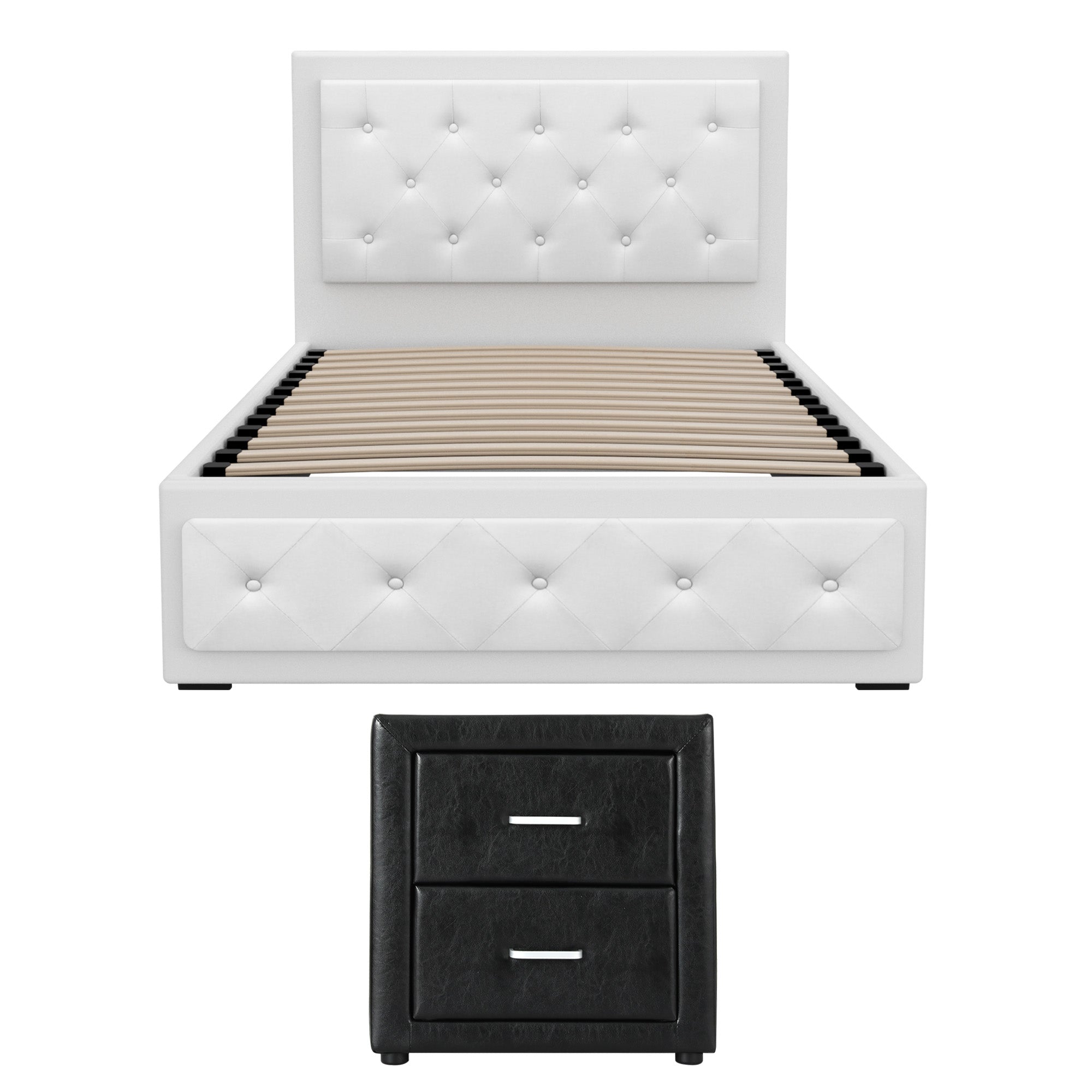 Artiss King Single Bed Frame Storage White Leather Gas Lift Bed Black Bedside Table Set-2