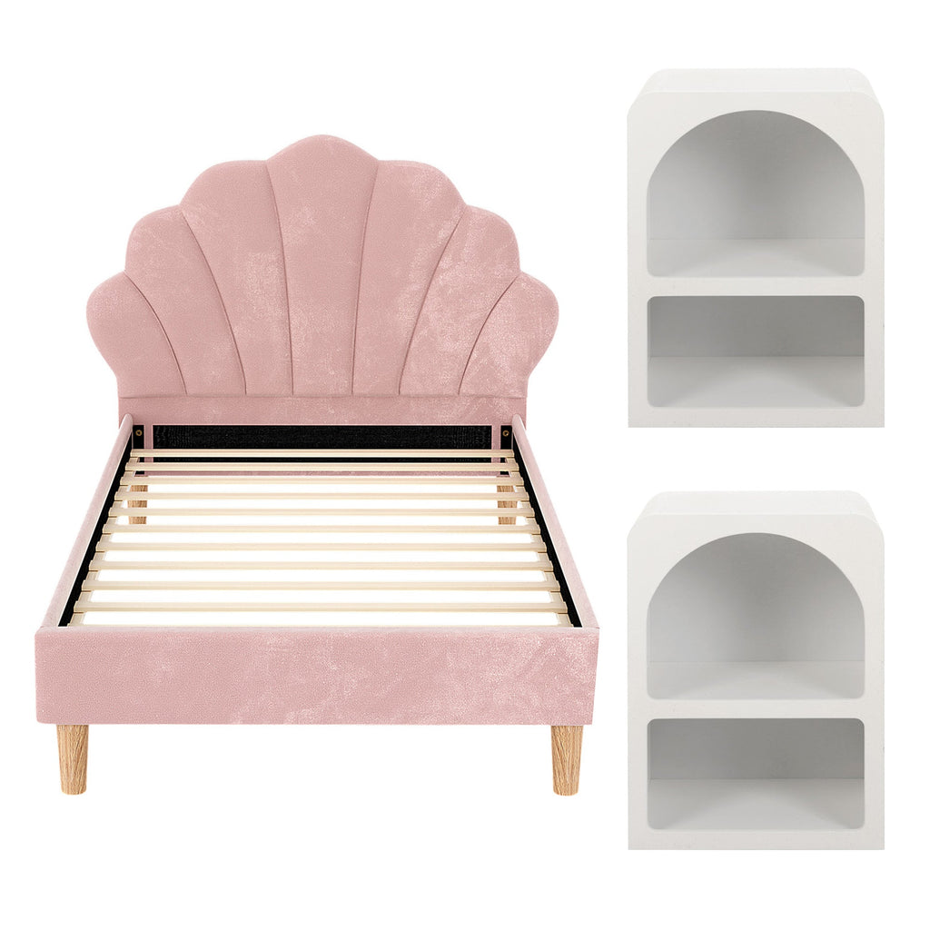 Artiss Bed Frame King Single with 2 Bedside Tables Set Scallop Headboard Pink Velvet Fabric Beds Base-2