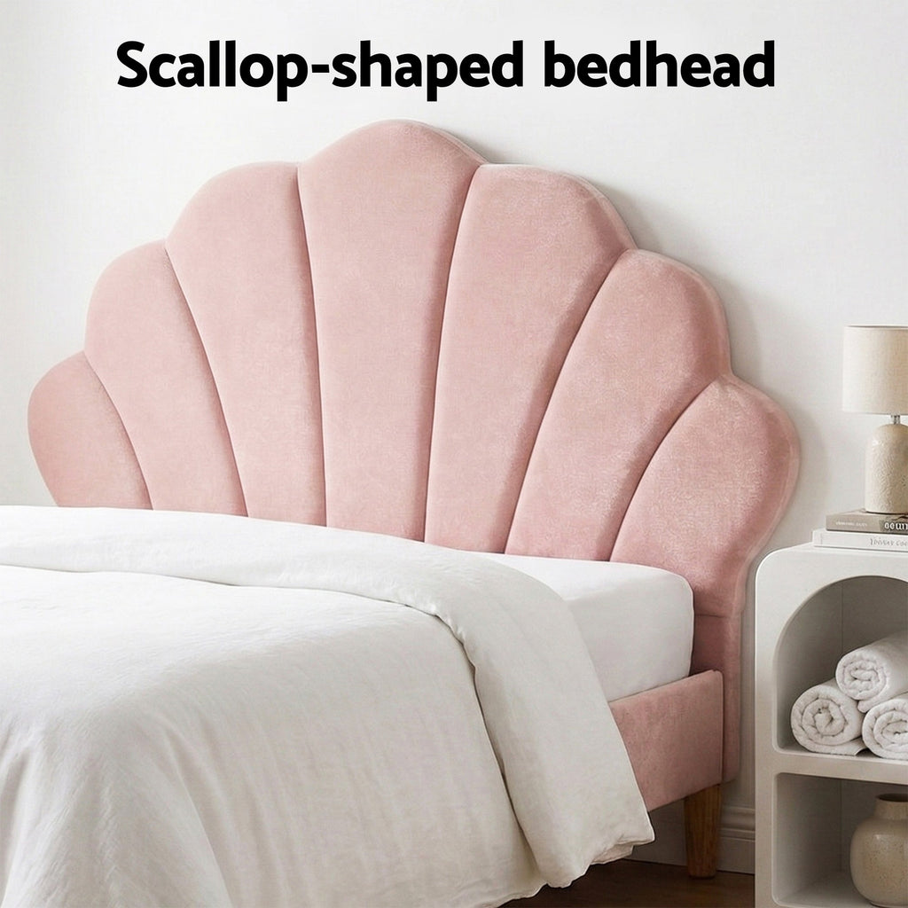 Artiss Bed Frame King Single with 2 Bedside Tables Set Scallop Headboard Pink Velvet Fabric Beds Base-4