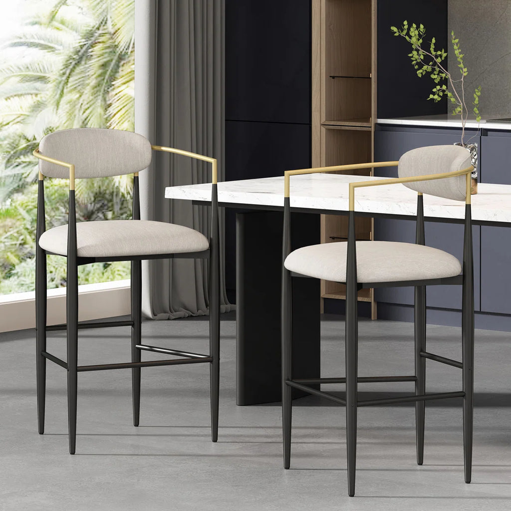 Barstools Set of 2, Upholstered Beige Bar Stools with Backs