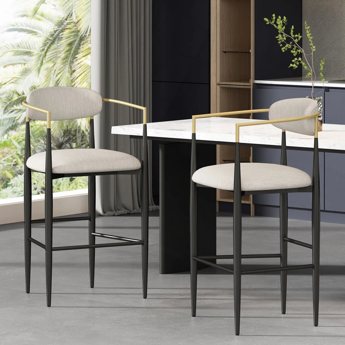 Barstools Set of 2, Upholstered Beige Bar Stools with Backs