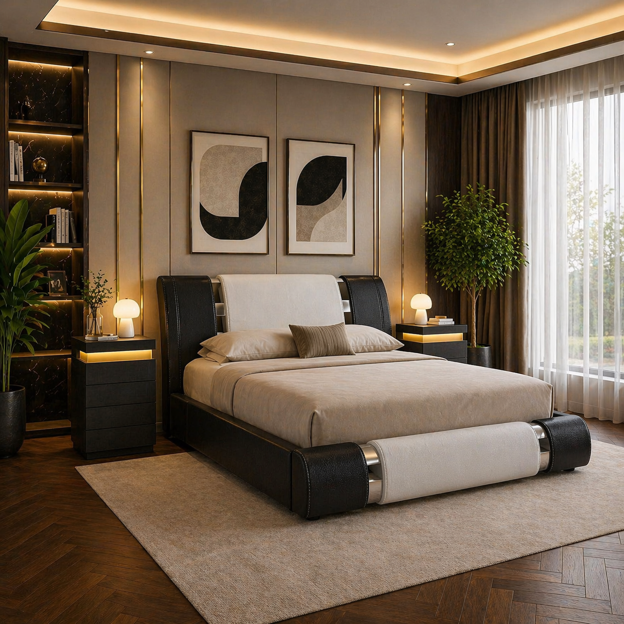 King Faux Leather Platform Bed with Adjustable Headboard + 2 LED Nightstands Set-2