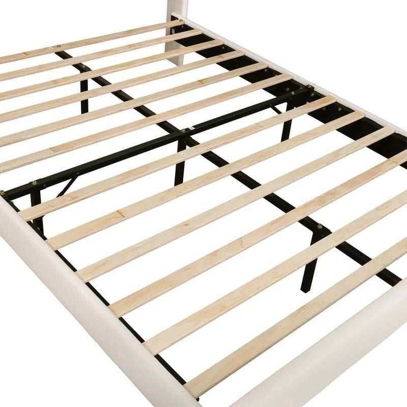 Full size Mid-Century Platform Bed Frame with Cream Velvet Upholstered Headboard-1