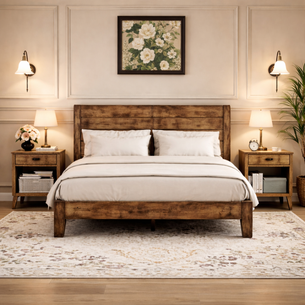 Full Wood Platform Bed with Headboard and 2 Rustic Nightstands Dark Brown Bedroom Set-0