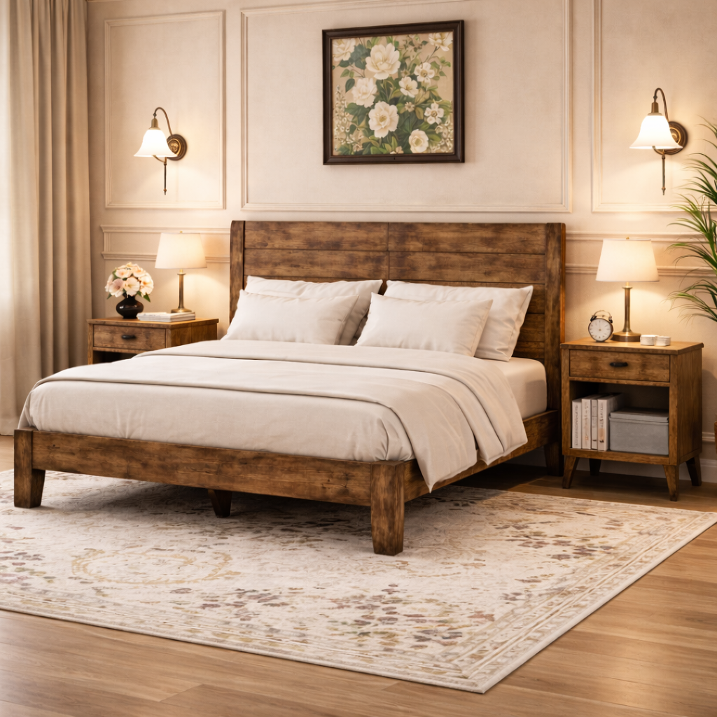 Full Wood Platform Bed with Headboard and 2 Rustic Nightstands Dark Brown Bedroom Set-2