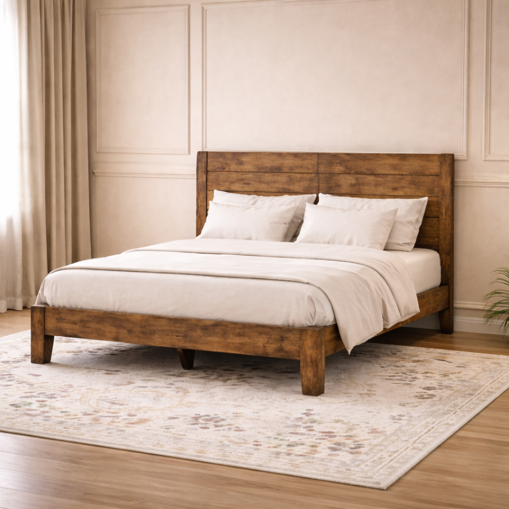 Full Wood Platform Bed with Headboard and 2 Rustic Nightstands Dark Brown Bedroom Set-3