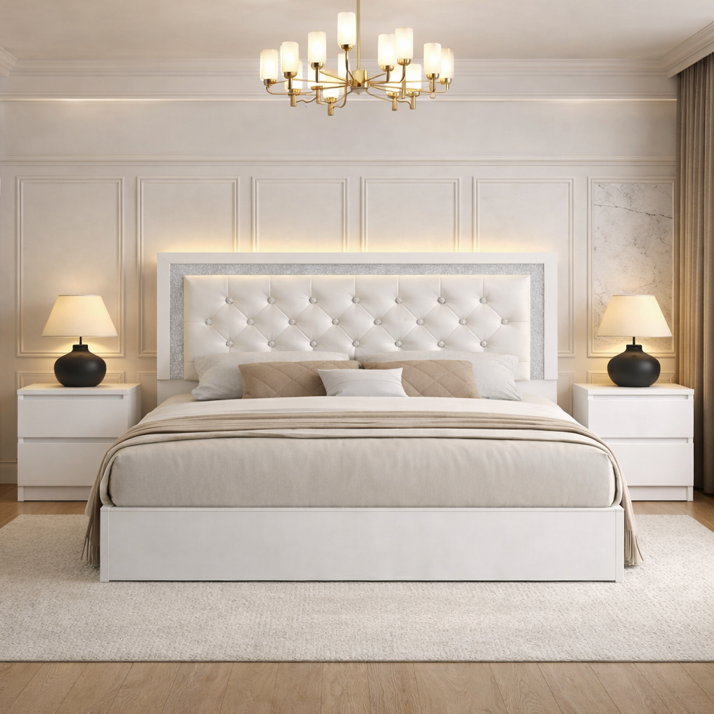 Queen Upholstered LED Platform Bed with 2 Drawer Nightstands, White High Gloss Set