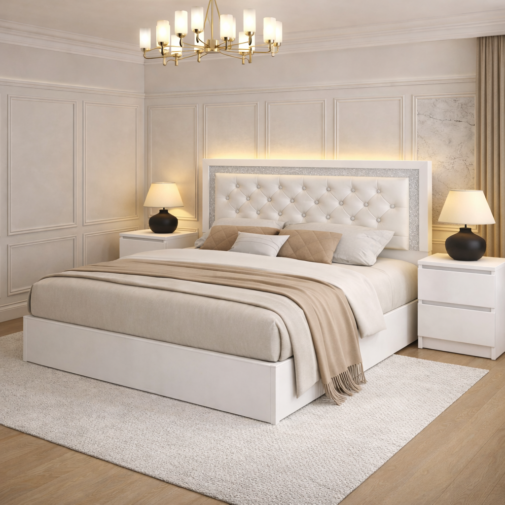 Queen Upholstered LED Platform Bed with 2 Drawer Nightstands, White High Gloss Set