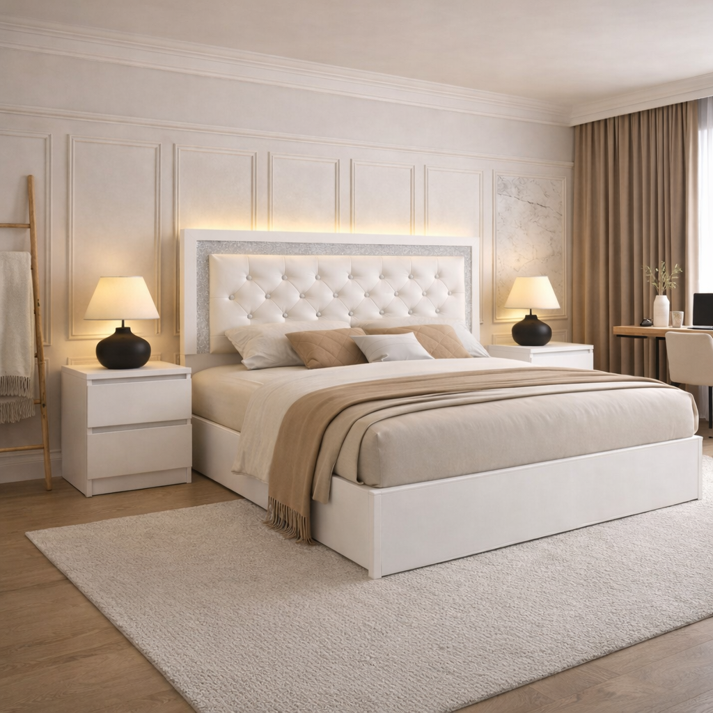 Queen Upholstered LED Platform Bed with 2 Drawer Nightstands, White High Gloss Set