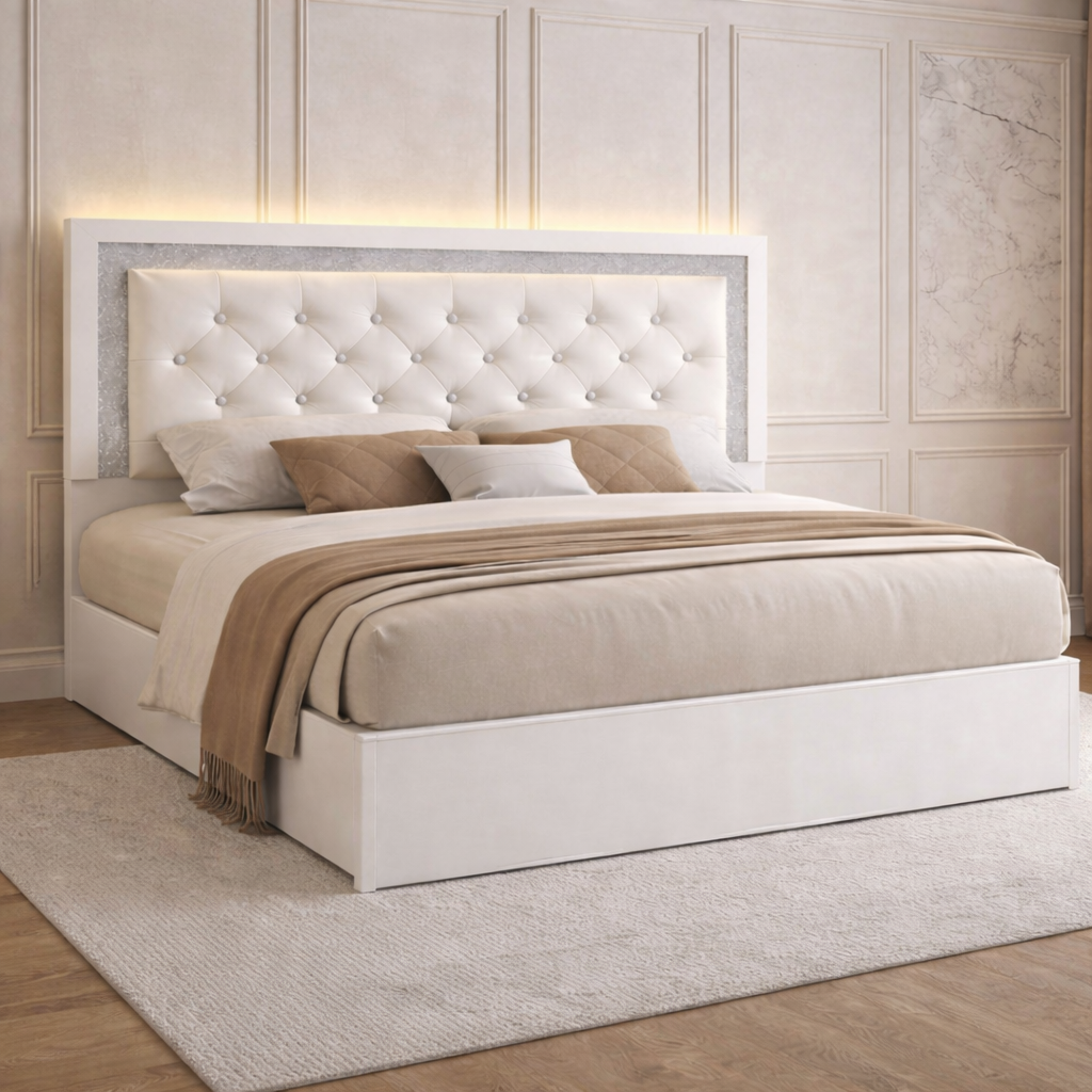 Queen Upholstered LED Platform Bed with 2 Drawer Nightstands, White High Gloss Set
