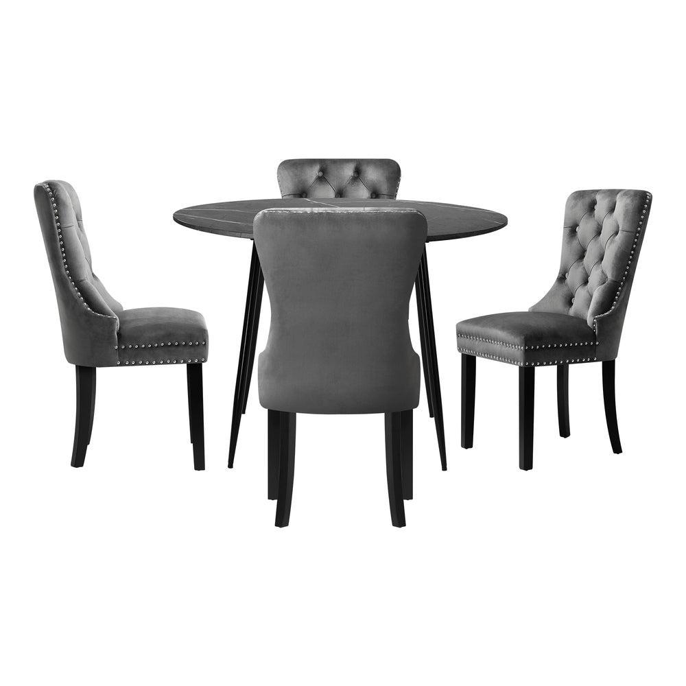 NNEED 110cm Round Dining Table with 4 Dining Chairs Velvet Grey
