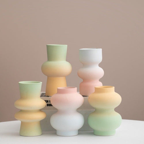 Handmade Dopamine Gradient Ceramic Vase – Geometric Matte Modern Flower Vase-1