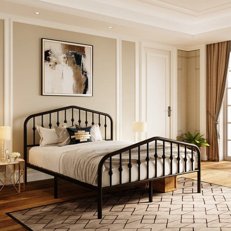 Full Size Vintage Farmhouse Spindle Black Metal Platform Bed-1