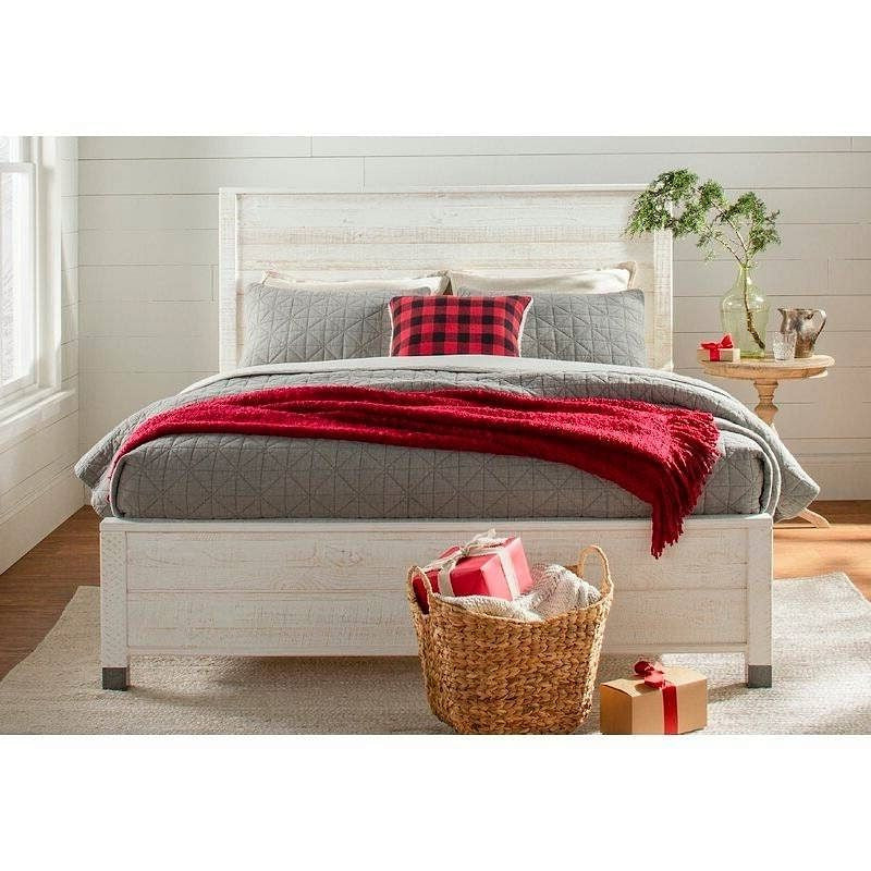 Full Size Solid Wood Platform Bed Frame with Headboard in Rustic White Finish-1