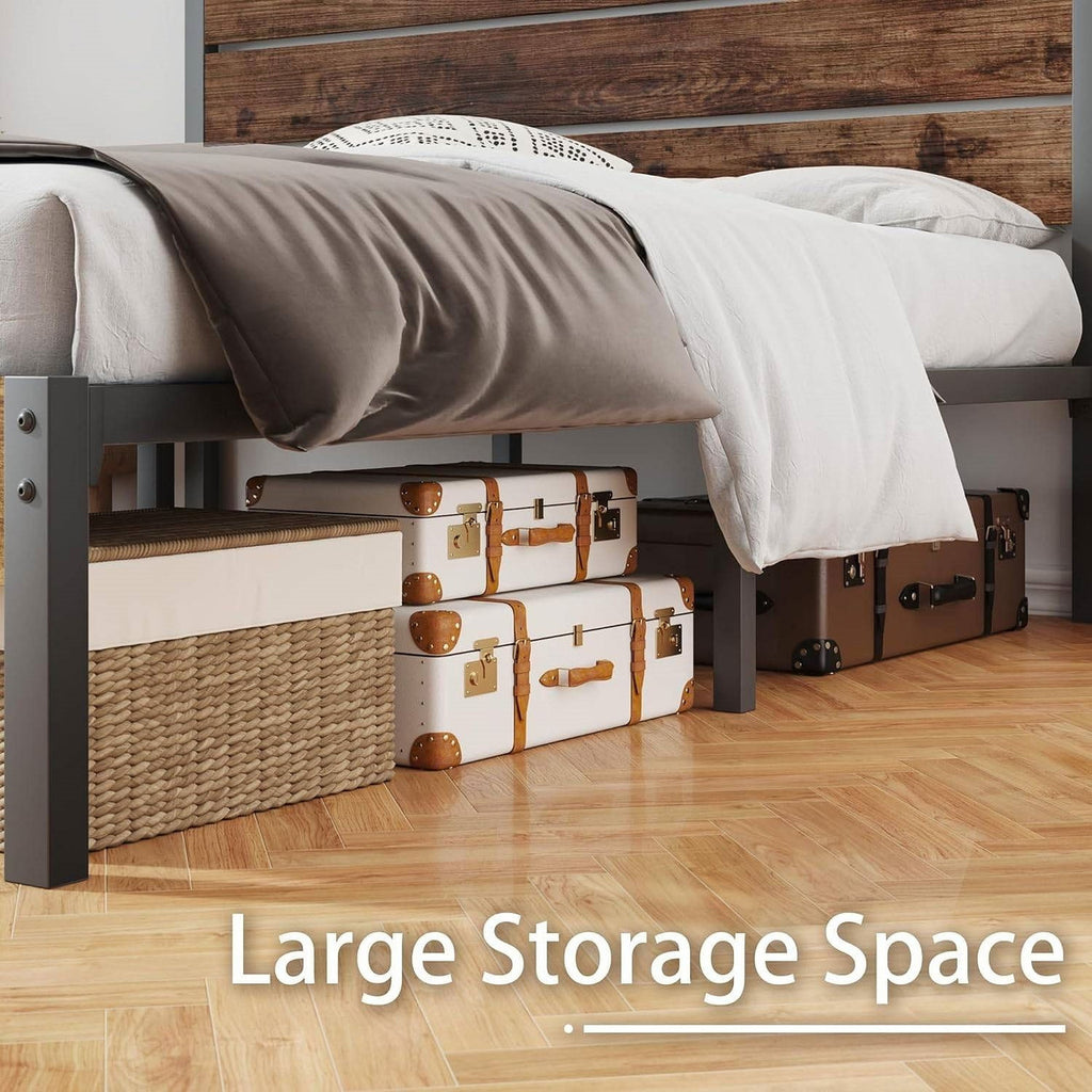 Full size Modern Farmhouse Metal Platform Bed Frame with Brown Wood Headboard-1