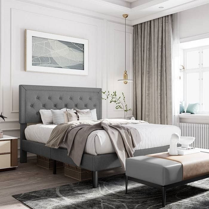 Full Size Dark Grey Linen Upholstered Platform Bed with Button-Tufted Headboard-0