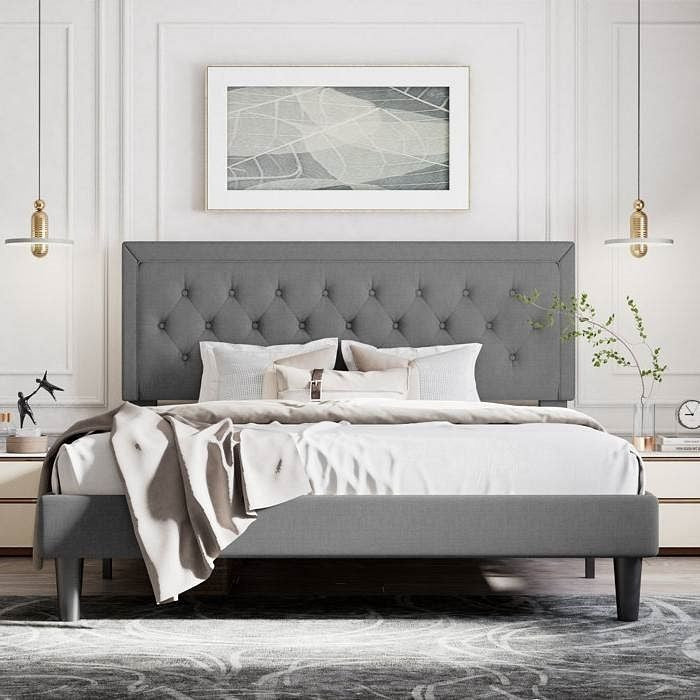 Full Size Dark Grey Linen Upholstered Platform Bed with Button-Tufted Headboard-2
