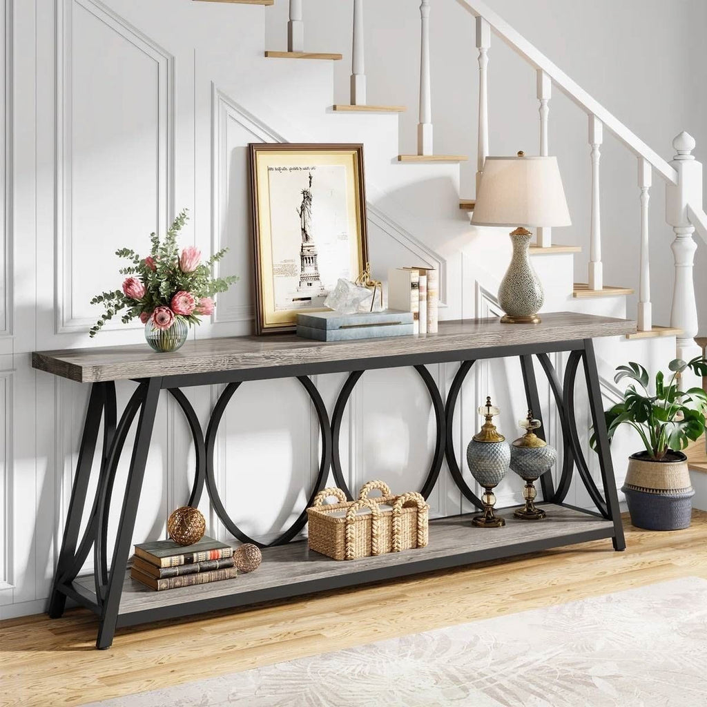 Industrial 70-inch Grey Wood Top Sofa Table with Heavy Duty Black Metal Frame