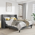 Full Size Grey Linen Blend Upholstered Platform Bed with Wingback Headboard-0