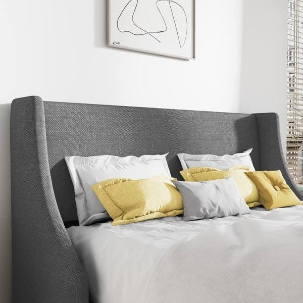 Full Size Grey Linen Blend Upholstered Platform Bed with Wingback Headboard-1