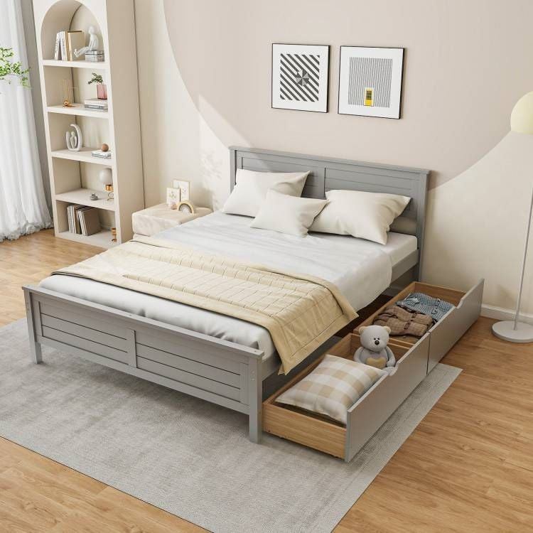 Full Size Grey Platform Bed Frame with 2 Storage Drawers-0