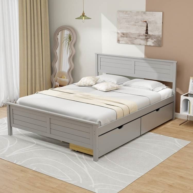 Full Size Grey Platform Bed Frame with 2 Storage Drawers-2