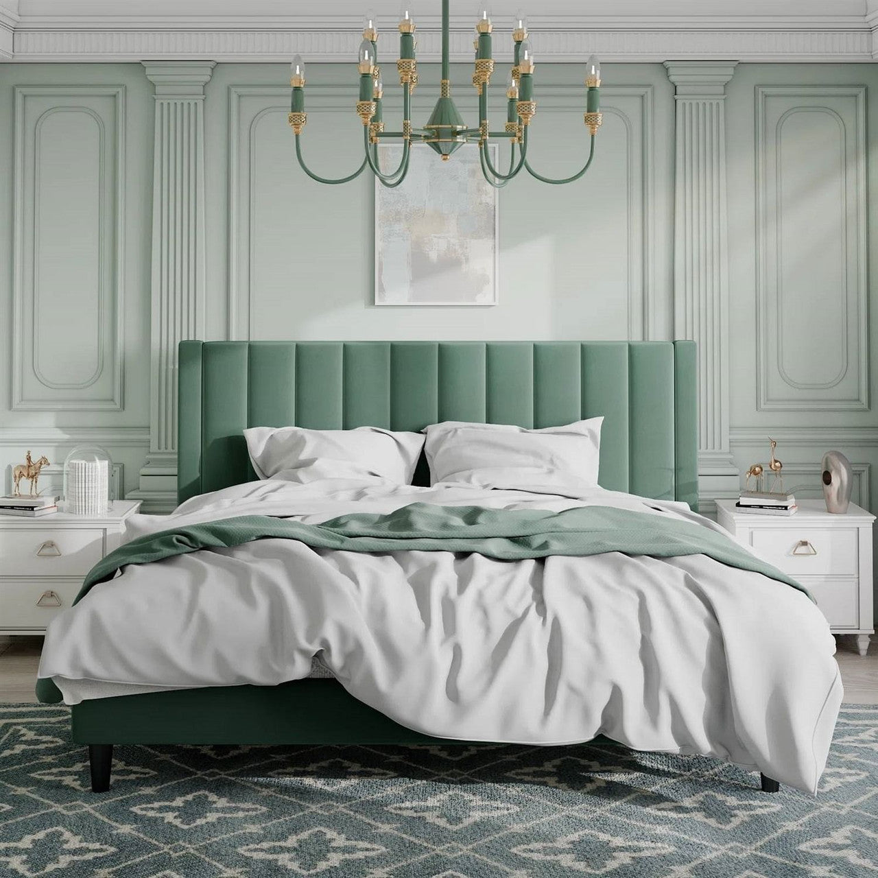 King size Modern Green Velvet Upholstered Platform Bed with Headboard-0