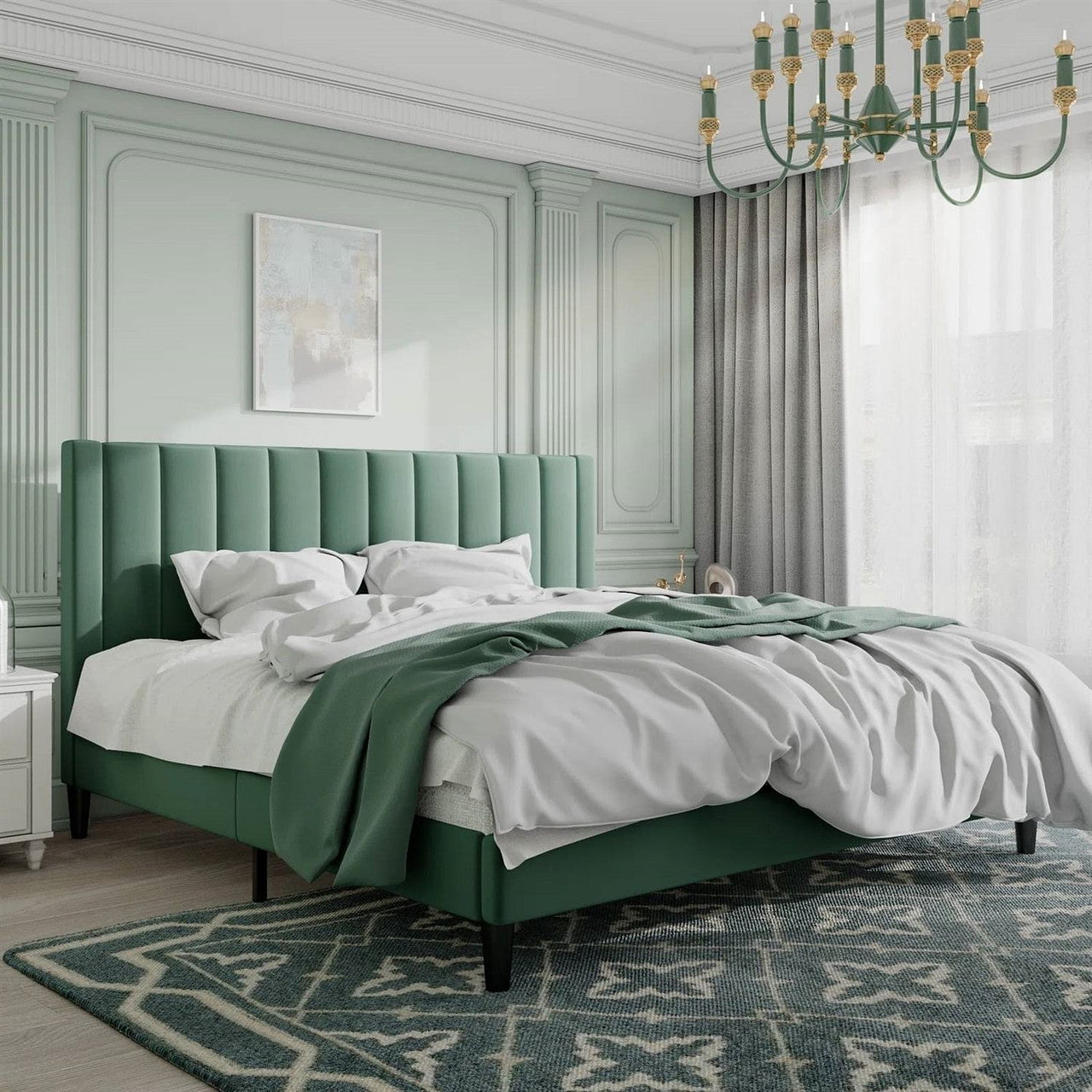 King size Modern Green Velvet Upholstered Platform Bed with Headboard-1