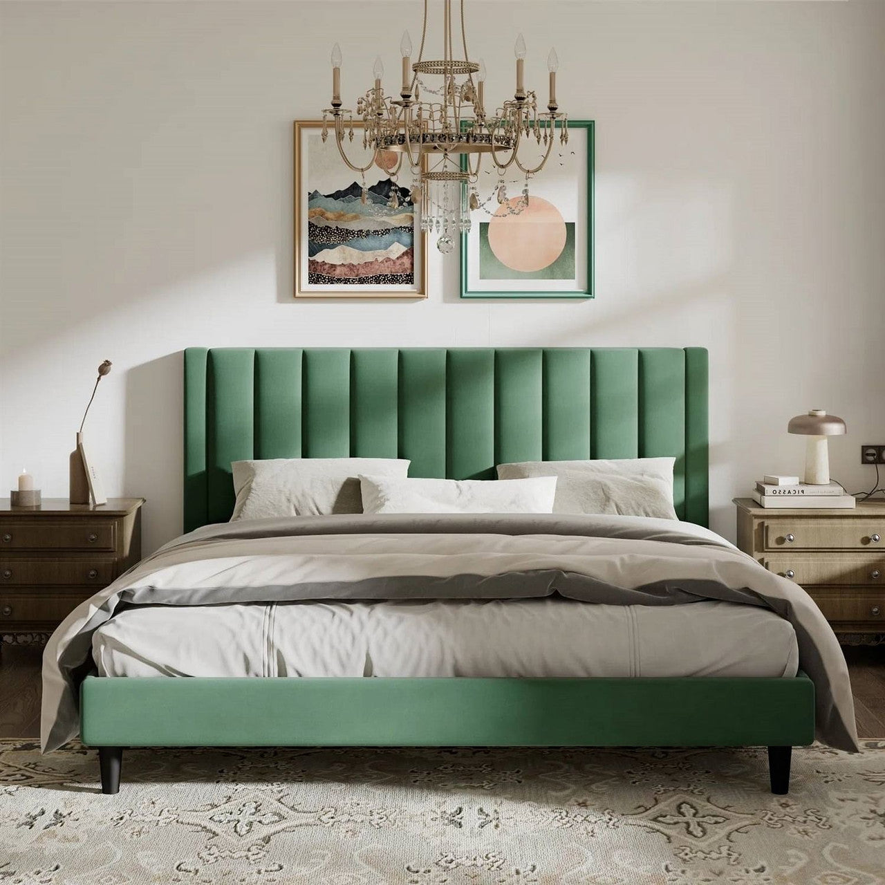 King size Modern Green Velvet Upholstered Platform Bed with Headboard-2