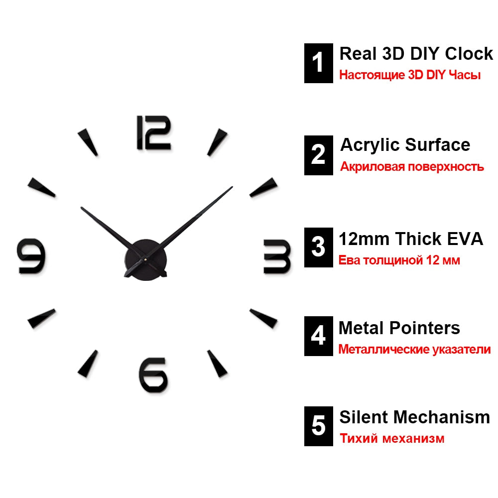 NNEOBA Large Wall Clock Quartz 3D DIY Big Watch Decorative Kitchen Clocks Acrylic Mirror Sticker Oversize Wall Clocks Home Letter Decor-3