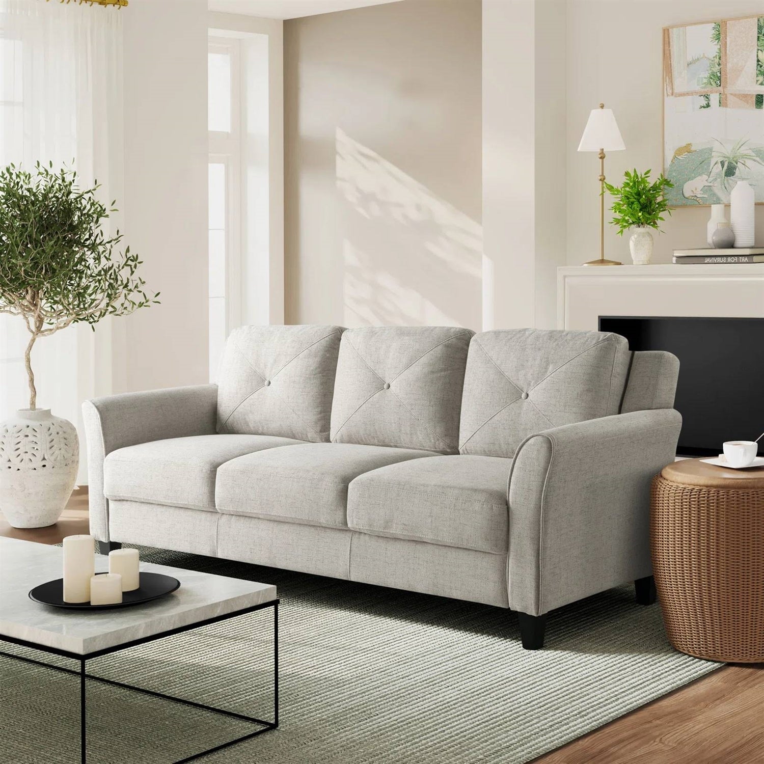 Modern 3-Seater Upholstered Sofa in Cream Microfiber with Button Tufted Cushions-0