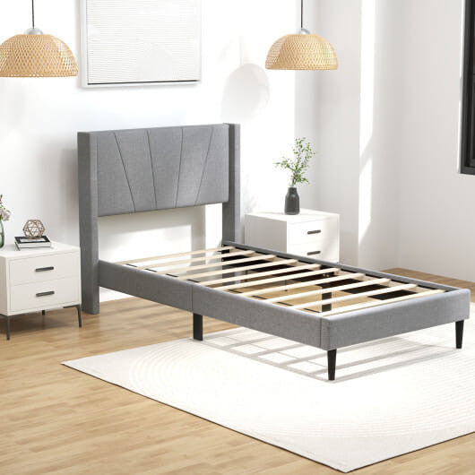 Twin/Queen Bed Frame with Linen Upholstered Wingback Headboard-Twin Size-6