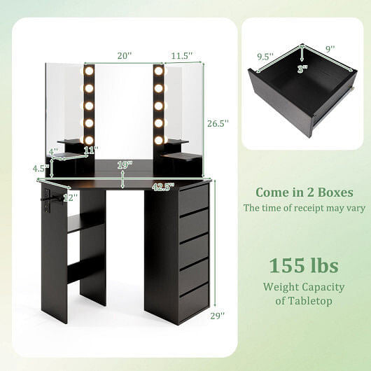 Corner Vanity Desk with LED Lighted Mirror & Power Outlet – White