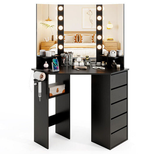Corner Vanity Desk with LED Lighted Mirror & Power Outlet – White