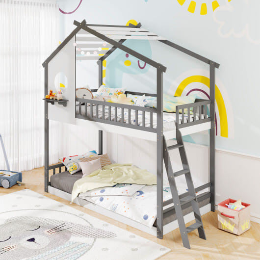 Twin over Twin House Bunk Bed with Roof and Guardrails for Kids-White & Gray-0