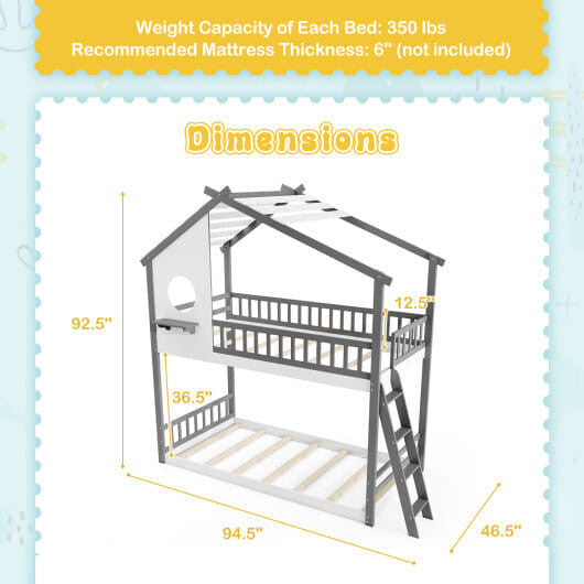 Twin over Twin House Bunk Bed with Roof and Guardrails for Kids-White & Gray-2