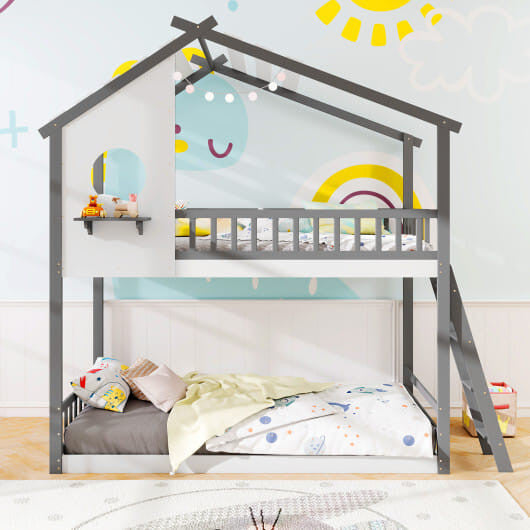 Twin over Twin House Bunk Bed with Roof and Guardrails for Kids-White & Gray-3