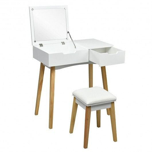 Wooden Vanity Table with Flip Top Mirror and Cushioned Stool-1