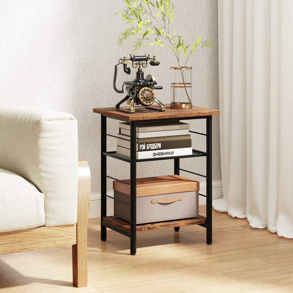 NNECW 3-Tier Industrial Side Table with Adjustable Mesh Shelf for Living Room