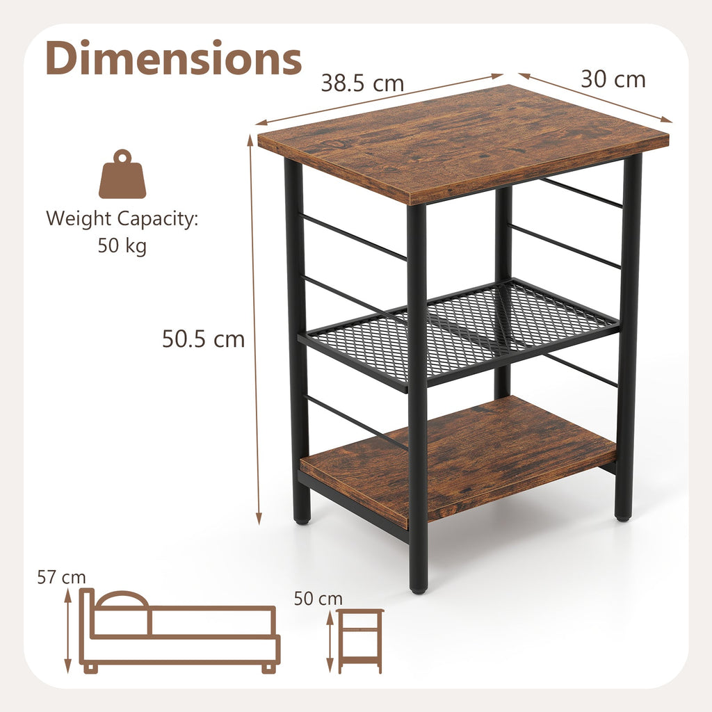 NNECW 3-Tier Industrial Side Table with Adjustable Mesh Shelf for Living Room