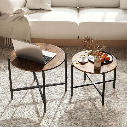 Round Coffee Table Set of 2 with Heavy-Duty Metal Frame-Rustic Brown-1
